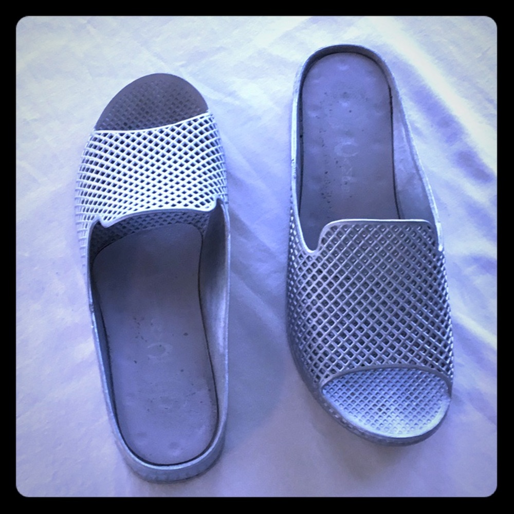 Jeffrey Campbell silver rubber slides.